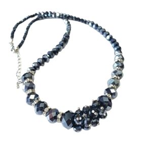 Blue Crystal Bib Necklace Dark Indigo Faceted Beads Cluster Silver Tone beads